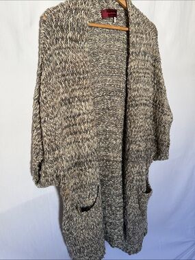 Marled Open-Front Knit Cardigan in Gray and Tan